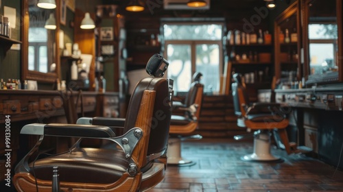 Stylish barbershop interior, wooden decor, empty chairs, modern barbershop interior, classic men s grooming