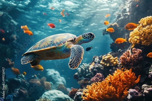 Sea turtle swimming in vibrant coral reef, surrounded by colorful fish, underwater ecosystem, marine wildlife concept