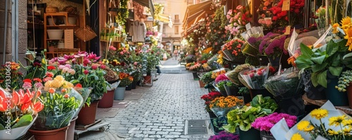 Vibrant flower market alley, full of fresh blooms, sunny day, flower market alley, city market atmosphere photo