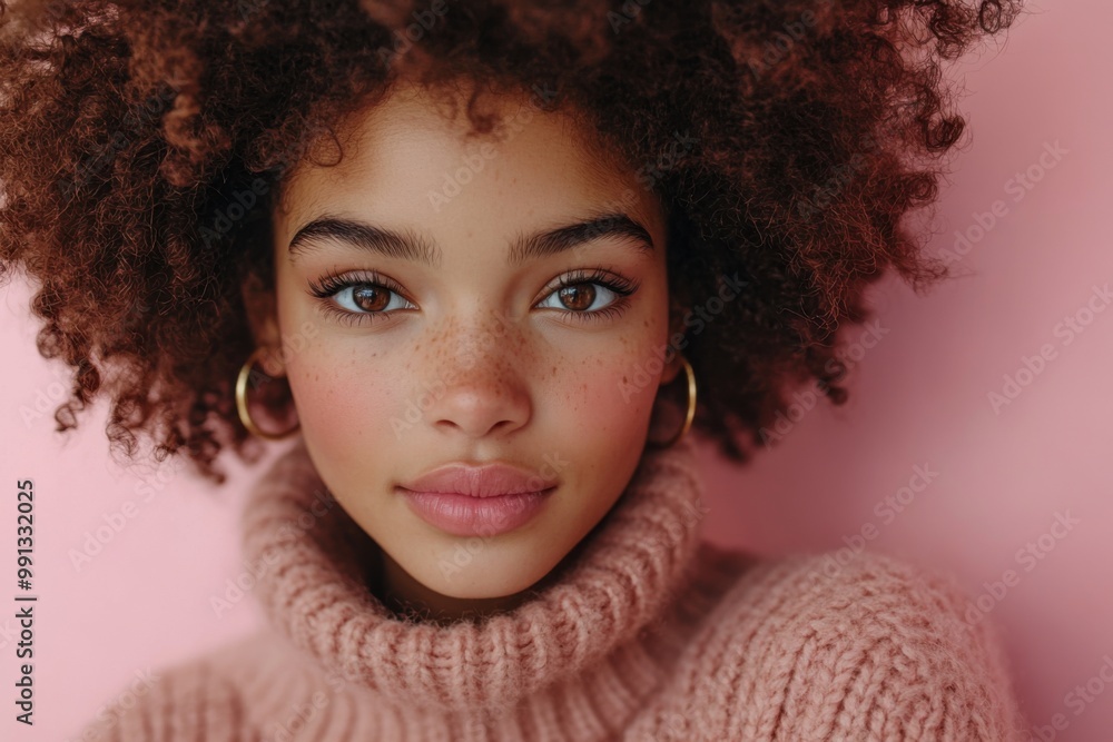Young woman in cozy sweater with afro hair, soft expression. Young woman in cozy sweater with afro hair, soft expression.