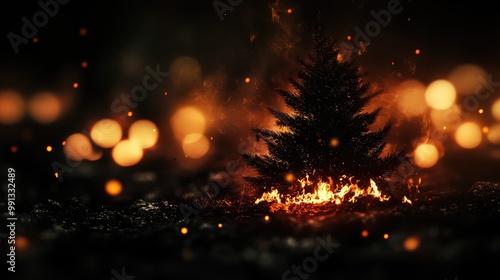 A Christmas tree burns fiercely in a dark room, seen from a worm's-eye perspective, with bokeh lights softly glowing in the background, enhancing the drama.