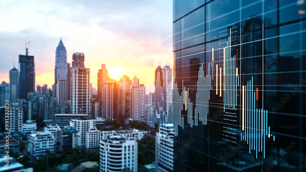 A dynamic bar chart overlaid on a cityscape with residential towers, symbolizing the upward trend in housing prices A dynamic bar chart overlaid on a cityscape with residential towers, symbolizing the upward trend in housing prices