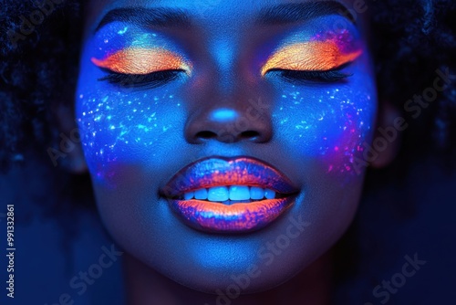 Cosmic beauty with vibrant UV makeup and a joyful smile