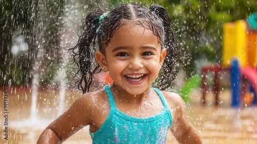 Fototapeta Naklejka Na Ścianę i Meble -  A girl running through sprinklers in the daycare s outdoor play area on a sunny day  water play, summer fun