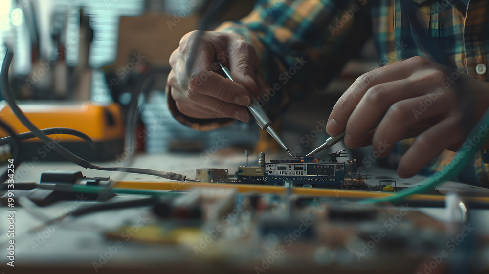 Obraz premium Skilled technician holding precision screwdriver, meticulously repairing small electronic device on clean workbench. Detailed repair process in focus.