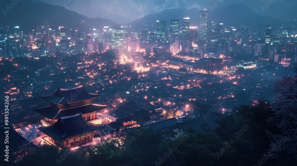 Nighttime View of Seoul with Gyeongbokgung Palace