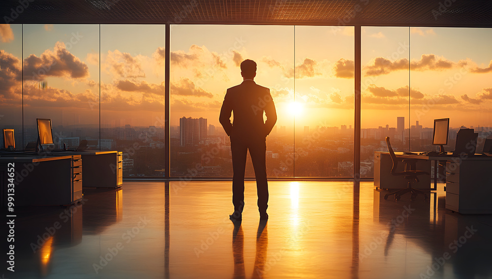 A Businessman in an Office Standing Alone with His Back to the Camera, Contemplating a Cityscape View from the Window, Representing Solitude, Ambition, and Professional Reflection in a Corporate Setti A Businessman in an Office Standing Alone with His Back to the Camera, Contemplating a Cityscape View from the Window, Representing Solitude, Ambition, and Professional Reflection in a Corporate Setti