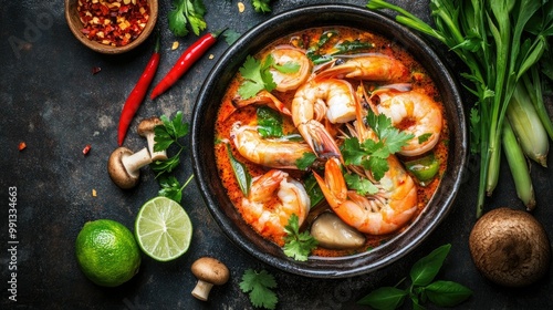 A bowl of Tom Yum Goong with large shrimp, mushrooms, and herbs, surrounded by Thai ingredients like lime, chili, and lemongrass on a rustic surface.