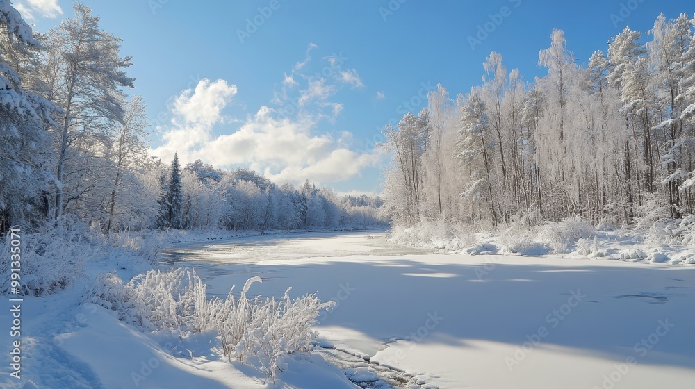 Snow-Covered Forest and Frozen River Landscape Snow-Covered Forest and Frozen River Landscape
