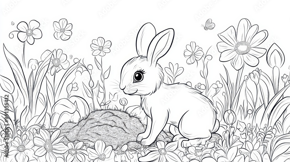 Obraz premium A Bunny in a Garden of Flowers