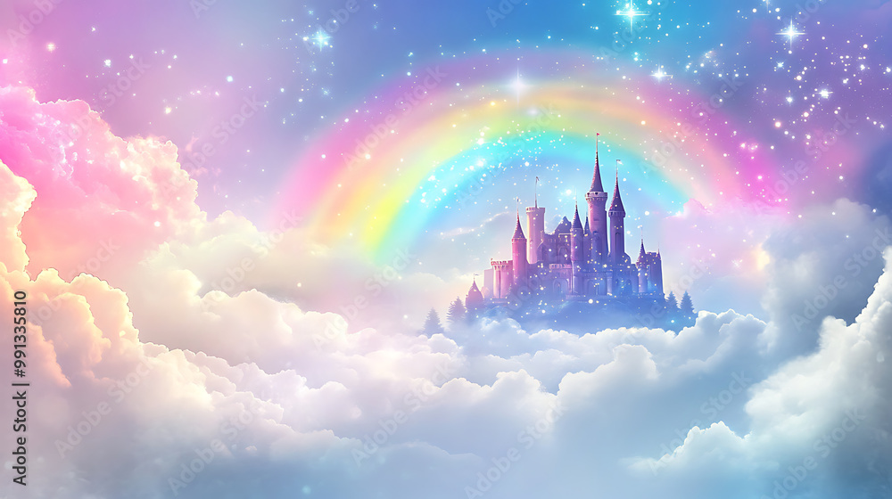 Naklejka premium Whimsical background with a magical castle in the clouds, featuring colourful rainbows, sparkling stars, and dreamy landscapes
