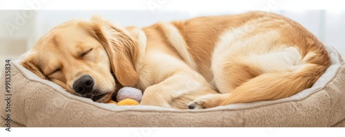 Dog curled up in its bed with a favorite toy, peacefully sleeping in a cozy corner   dog, nap photo