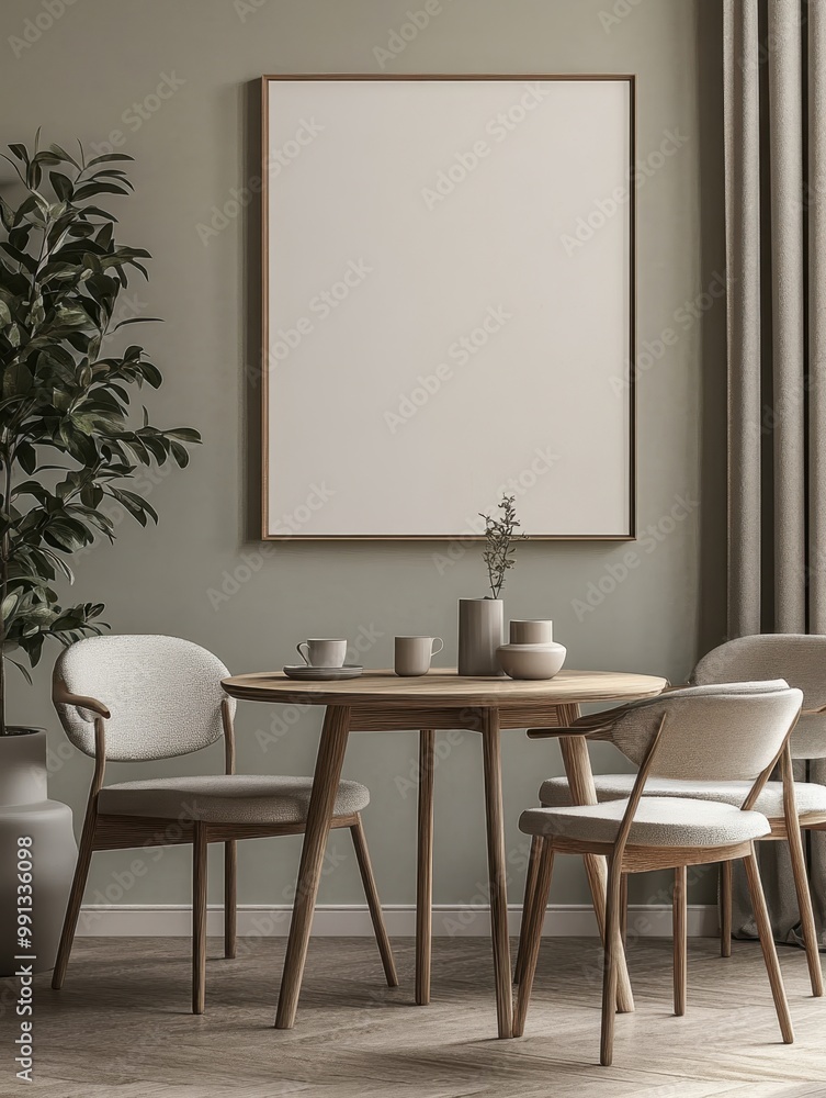 Modern dining area with minimalist décor and light wooden furniture. Modern dining area with minimalist décor and light wooden furniture.