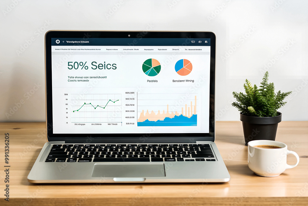 laptop screen displays website traffic metrics, graphs, and analytics for blog ranking and visitor statistics. laptop screen displays website traffic metrics, graphs, and analytics for blog ranking and visitor statistics.