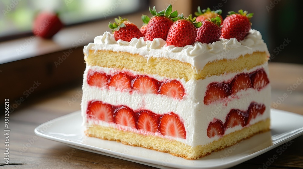 A classic sponge cake with layers of strawberry jam and whipped cream, garnished with fresh strawberries on top. A classic sponge cake with layers of strawberry jam and whipped cream, garnished with fresh strawberries on top.