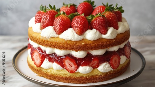 A classic sponge cake with layers of strawberry jam and whipped cream, garnished with fresh strawberries on top.