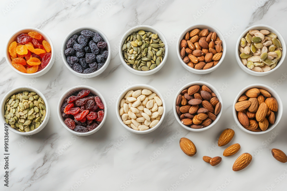Assorted nuts, seeds, and dried fruits in small bowls on a marble surface, showcasing a variety of healthy snacks. Copy space