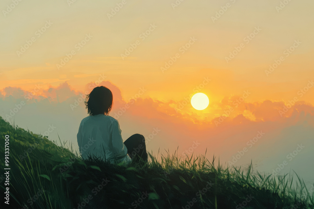 Young man is enjoying the sunset over the mountains after a long day Young man is enjoying the sunset over the mountains after a long day