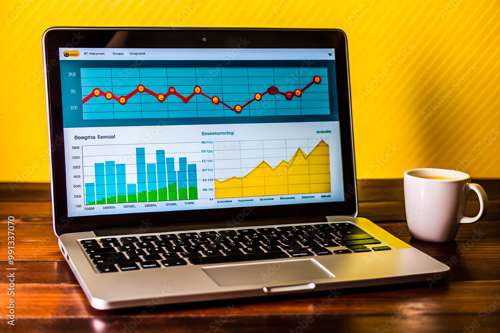 laptop screen displays website traffic metrics, graphs, and analytics for blog ranking and visitor statistics. laptop screen displays website traffic metrics, graphs, and analytics for blog ranking and visitor statistics.