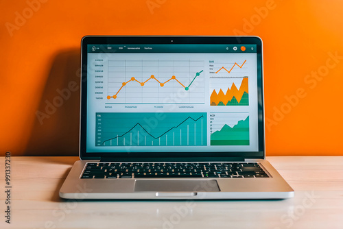 laptop screen displays website traffic metrics, graphs, and analytics for blog ranking and visitor statistics.