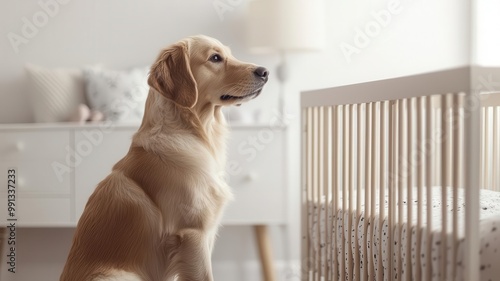 German Shepherd Dog sitting by a baby s crib, keeping watch in a quiet nursery   loyal dog, pet at home photo