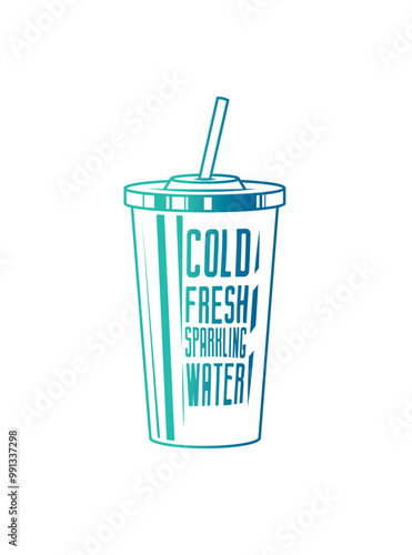Fast food plastic cup with straw. Hot or cold drink. Original vector illustration in vintage style.