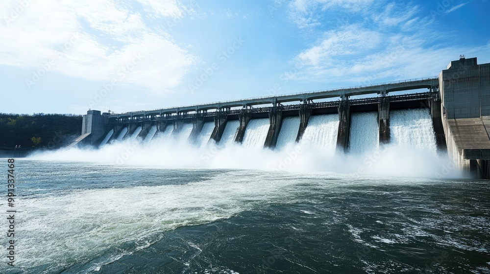 A close-up of a dam with rushing water below and the vast sky above providing room for text. The structure dominates the frame. - A close-up of a dam with rushing water below and the vast sky above providing room for text. The structure dominates the frame. -