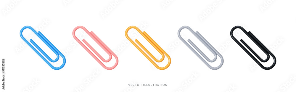 © accogliente - 3D Paper clip emoji icon set. Office paperclip in blue, pink, yellow, silver and black colors. School supplies. Stationery elements. Cartoon design objects isolated on white. 3D Vector Illustration © accogliente - 3D Paper clip emoji icon set. Office paperclip in blue, pink, yellow, silver and black colors. School supplies. Stationery elements. Cartoon design objects isolated on white. 3D Vector Illustration