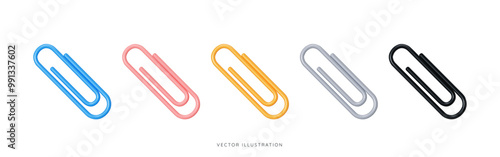 3D Paper clip emoji icon set. Office paperclip in blue, pink, yellow, silver and black colors. School supplies. Stationery elements. Cartoon design objects isolated on white. 3D Vector Illustration