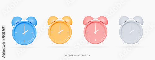 3D Alarm clock emoji icon set. Table clock in blue, yellow, pink and silver colours. Wake up time. School and office supplies. Reminder concept. Cartoon design elements. 3D Vector illustration
