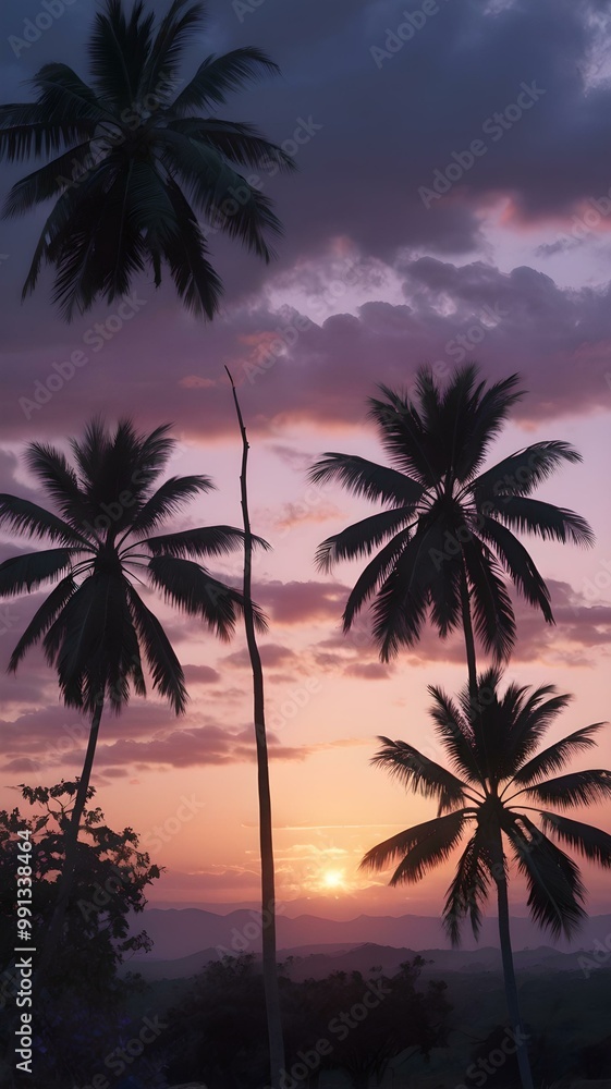 Fototapeta premium Serene Tropical Sunset with Palm Trees and Lush Ferns Against a Vibrant Purple Sky