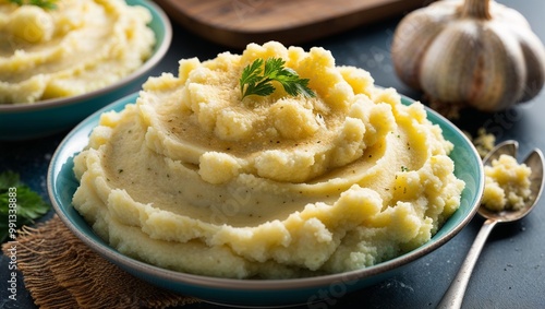 Cauliflower mashed potatoes with garlic closeup