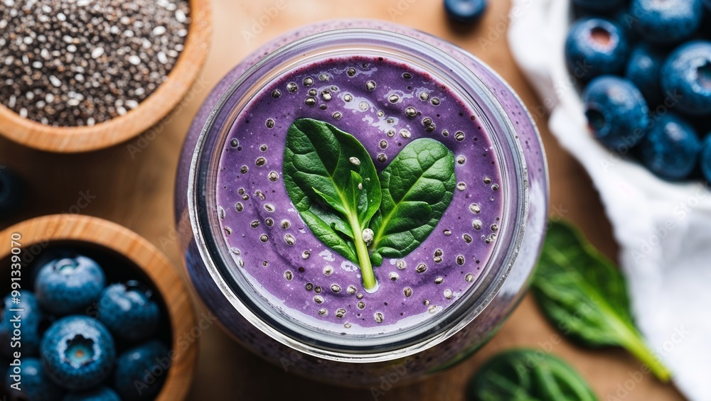 Chia seed smoothie with spinach and blueberries closeup Chia seed smoothie with spinach and blueberries closeup