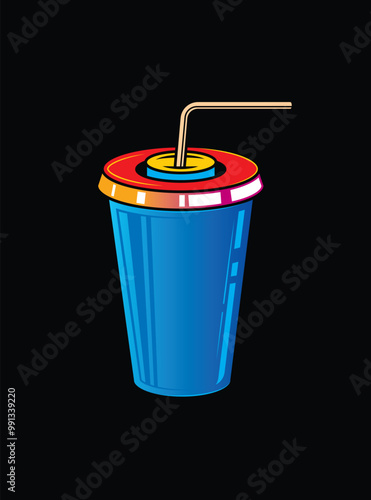 Fast food plastic cup with straw. Hot or cold drink. Original vector illustration in vintage style.
