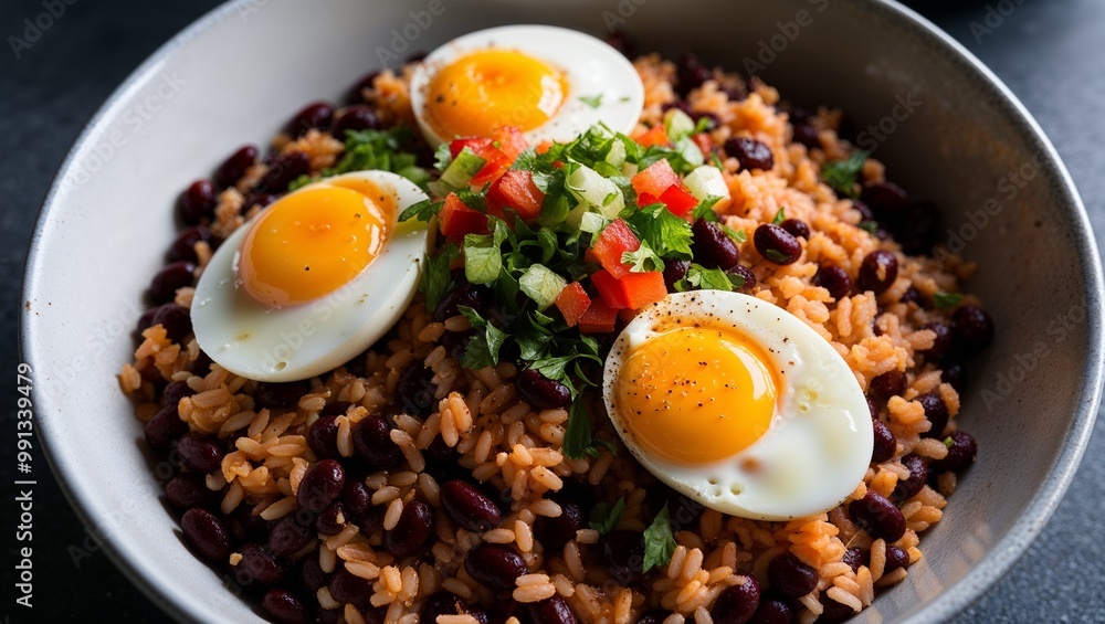 Costa Rican gallo pinto rice and beans with eggs closeup Costa Rican gallo pinto rice and beans with eggs closeup