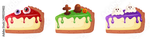 Halloween scary cake slice. Spooky pastry cartoon illustration isolated on white.