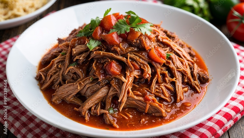 Cuban ropa vieja shredded beef in tomato sauce closeup Cuban ropa vieja shredded beef in tomato sauce closeup