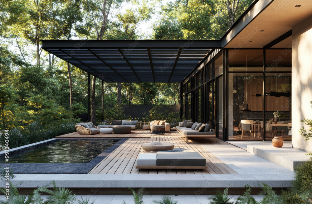 Fototapeta premium A modern wooden terrace with a sofa and armchairs under a canopy, a pool on one side, surrounded by trees