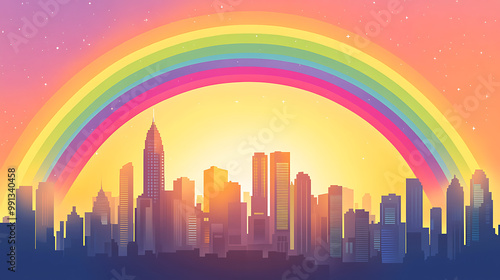 Illustration of a rainbow arching over a city skyline, symbolizing pride and unity in the LGBTQ+ community