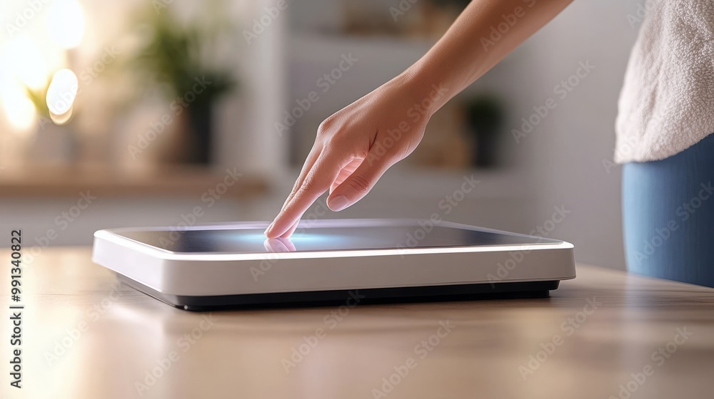 Fototapeta premium A hand interacts with a modern touchscreen device on a table, illustrating technology use.