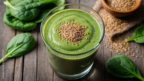 Green smoothie with spinach and flaxseed closeup