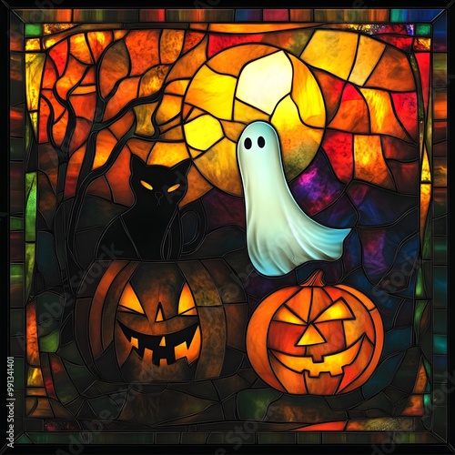 Halloween scene featuring pumpkins and bats in a festive background photo