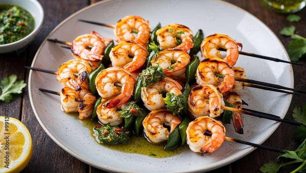 Grilled shrimp skewers with chimichurri closeup Grilled shrimp skewers with chimichurri closeup