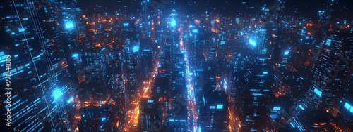 3D cityscape with glowing digital connections, representing the power of technology in urban development