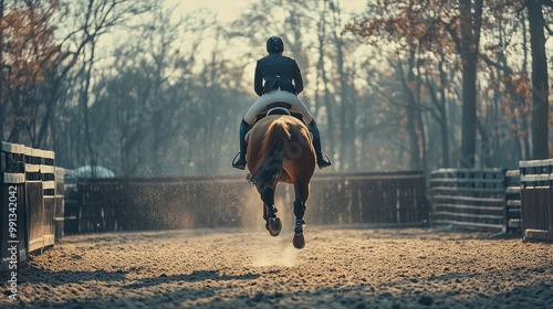 A horse galloping toward a jump, with the rider poised and ready, preparing for takeoff in an outdoor equestrian arena. photo