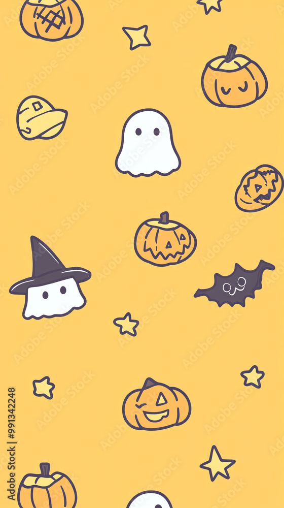 Fototapeta premium Hand-drawn cute Halloween Instagram Stories or phone wallpaper, vector illustration with a playful and whimsical style, featuring cute ghosts, pumpkins, black cats, witch hats, spider webs, stars, and