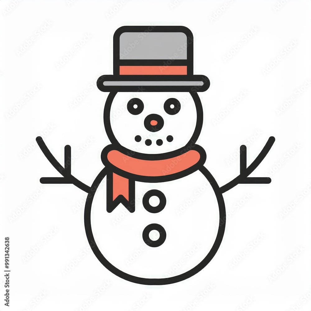 Minimalist Winter Snowman Icon. Frosty Figure with a Red Scarf, Black Hat, and Branch Arms. Simple Christmas New Year Line Art for Holiday and Seasonal Designs Minimalist Winter Snowman Icon. Frosty Figure with a Red Scarf, Black Hat, and Branch Arms. Simple Christmas New Year Line Art for Holiday and Seasonal Designs