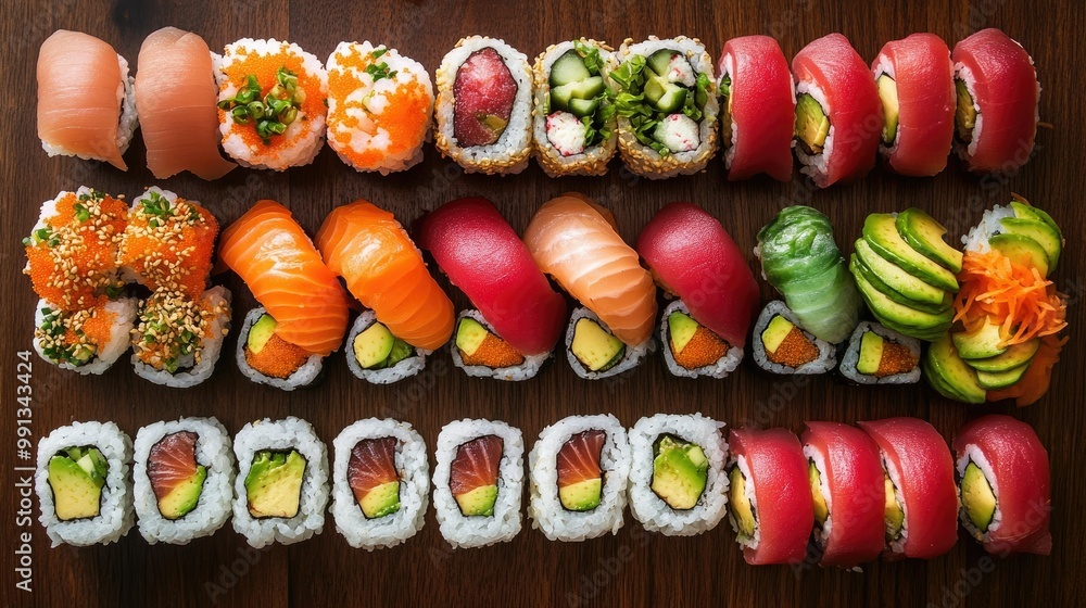 A colorful array of sushi rolls and sashimi including tuna, salmon, and avocado, arranged neatly on a dark wooden surface. A colorful array of sushi rolls and sashimi including tuna, salmon, and avocado, arranged neatly on a dark wooden surface.