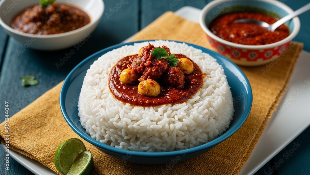 Malaysian nasi lemak coconut rice with sambal closeup Malaysian nasi lemak coconut rice with sambal closeup