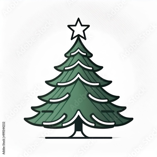 Minimalist Christmas Tree Icon with Star Topper in Green Tones, Outlined in White and Black on a Subtle Gradient Background. Perfect for Holiday Cards, Digital Designs, and Festive Graphics